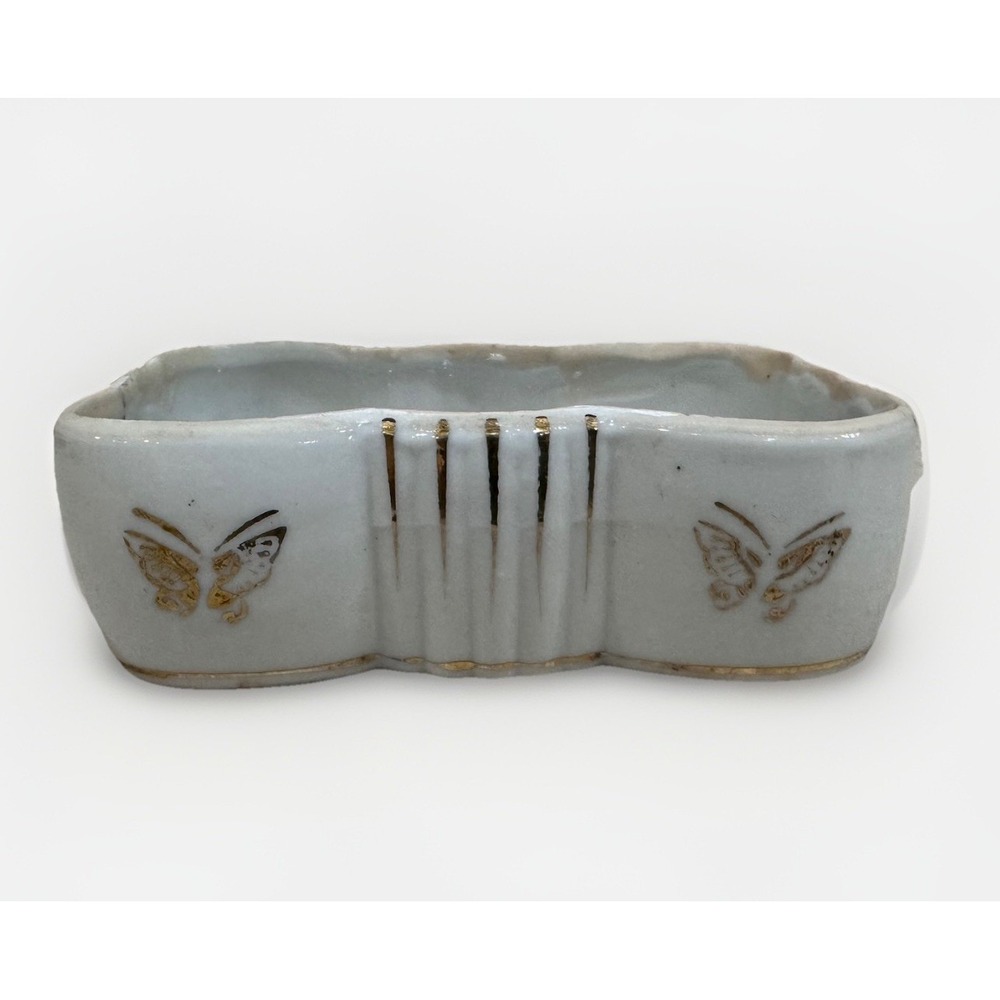 VTG Ceramic‎ Soap Dish White Gold Brown Butterfly MCM Hand Painted Made In Japan